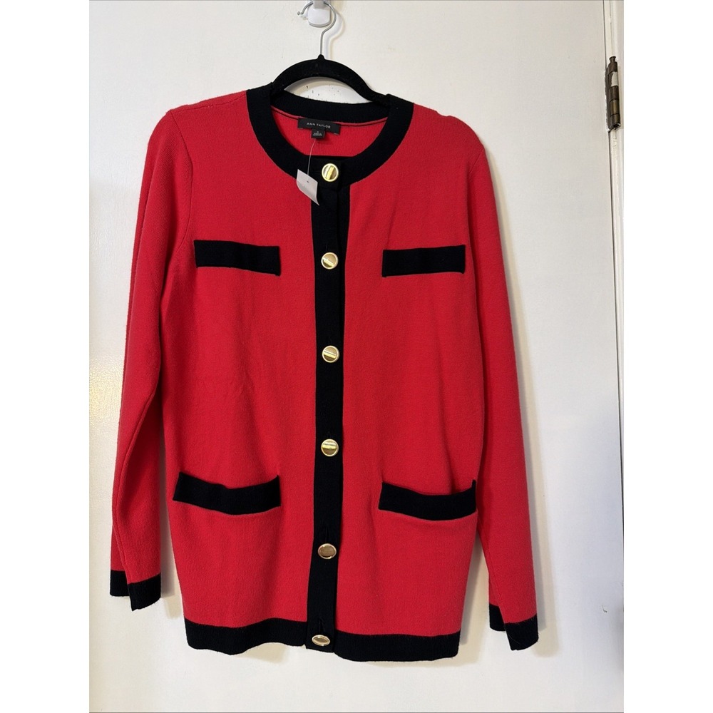 Ann Taylor Sz M Red Black Contrast Trim Cardigan Sweater NWT Gold Button Preppy - Picture 2 of 7